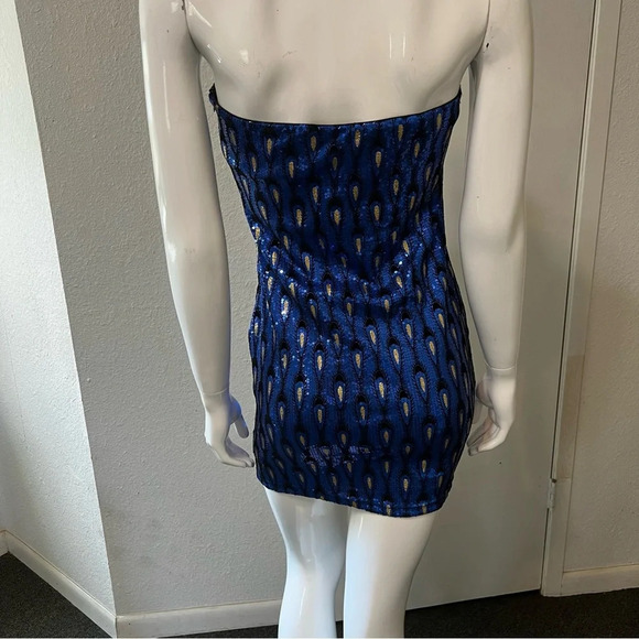 New Peacock Blue Gold Sequin Windsor Mini Dress XS - Picture 2 of 10